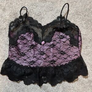 Vintage Lace Trim Purple and Black Camisole With Rosette